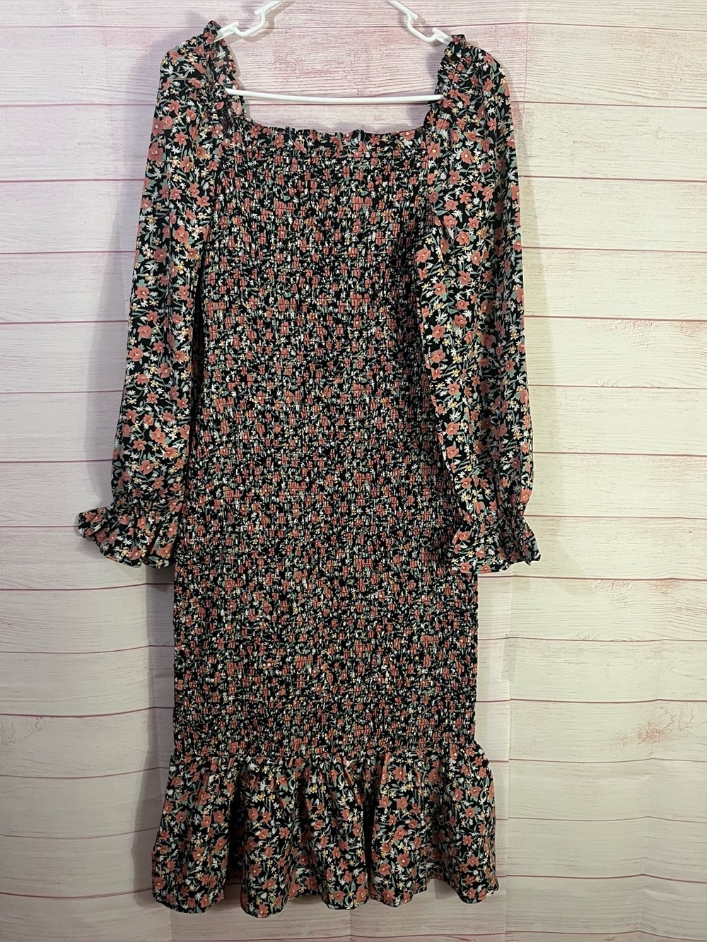 PRETTYGARDEN Floral Square Neckline Smocked Puff Sleeve Ruffle Hem Dress Large